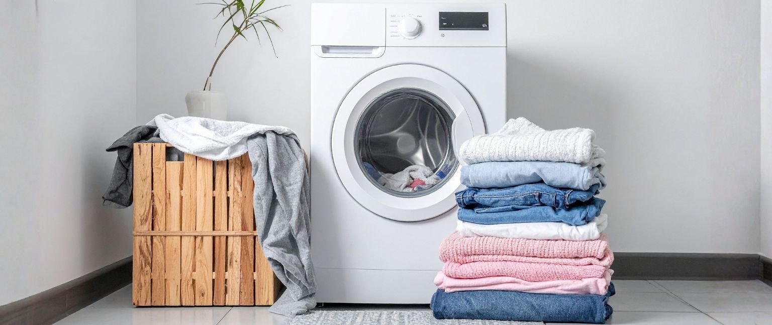 Πλυντήριο ρούχων σε φωτεινό χώρο laundry με διπλωμένα ρούχα και καλάθι απλύτων